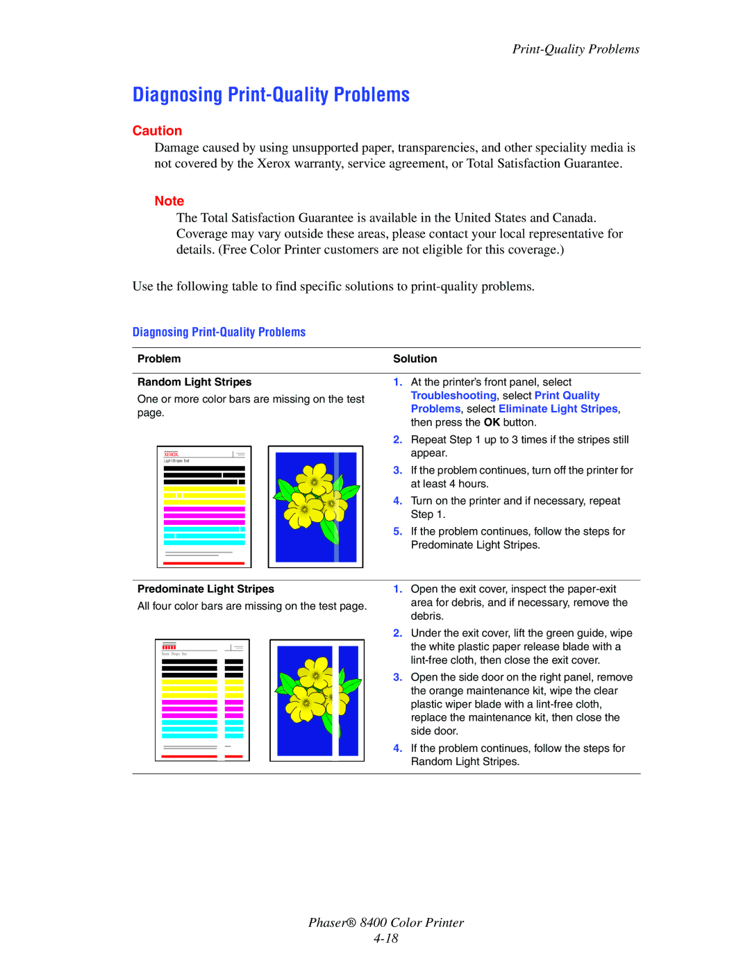 Xerox 8400 manual Diagnosing Print-Quality Problems, Problem Solution Random Light Stripes, Predominate Light Stripes 