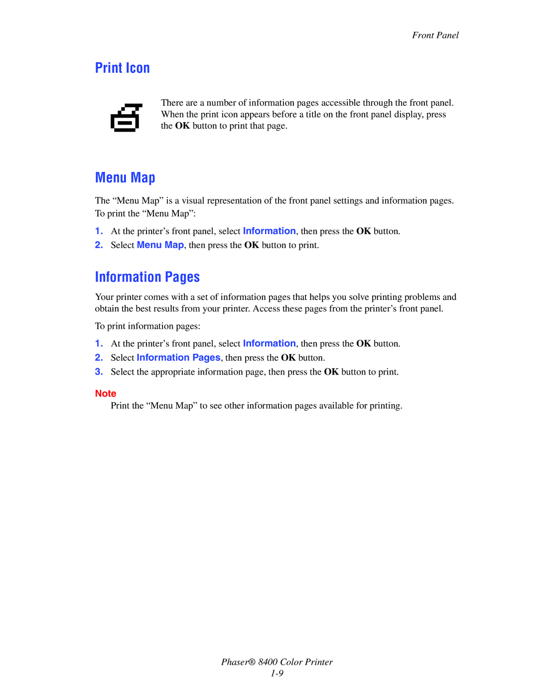 Xerox 8400 manual Print Icon, Menu Map, Information Pages 