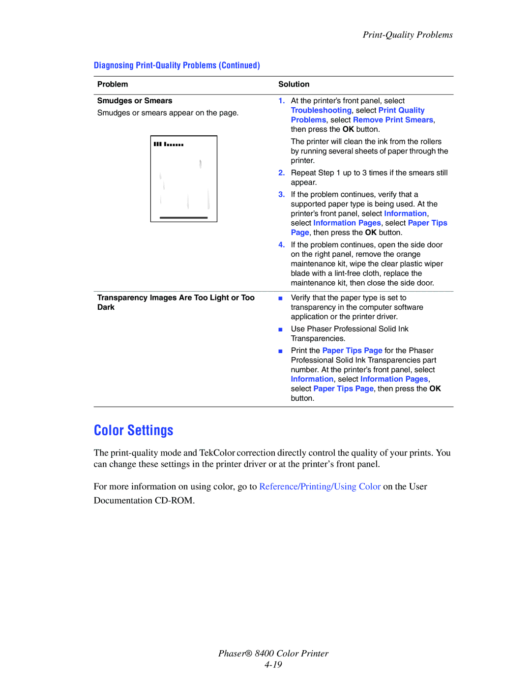 Xerox 8400 manual Color Settings, Problem Solution Smudges or Smears, Transparency Images Are Too Light or Too, Dark 