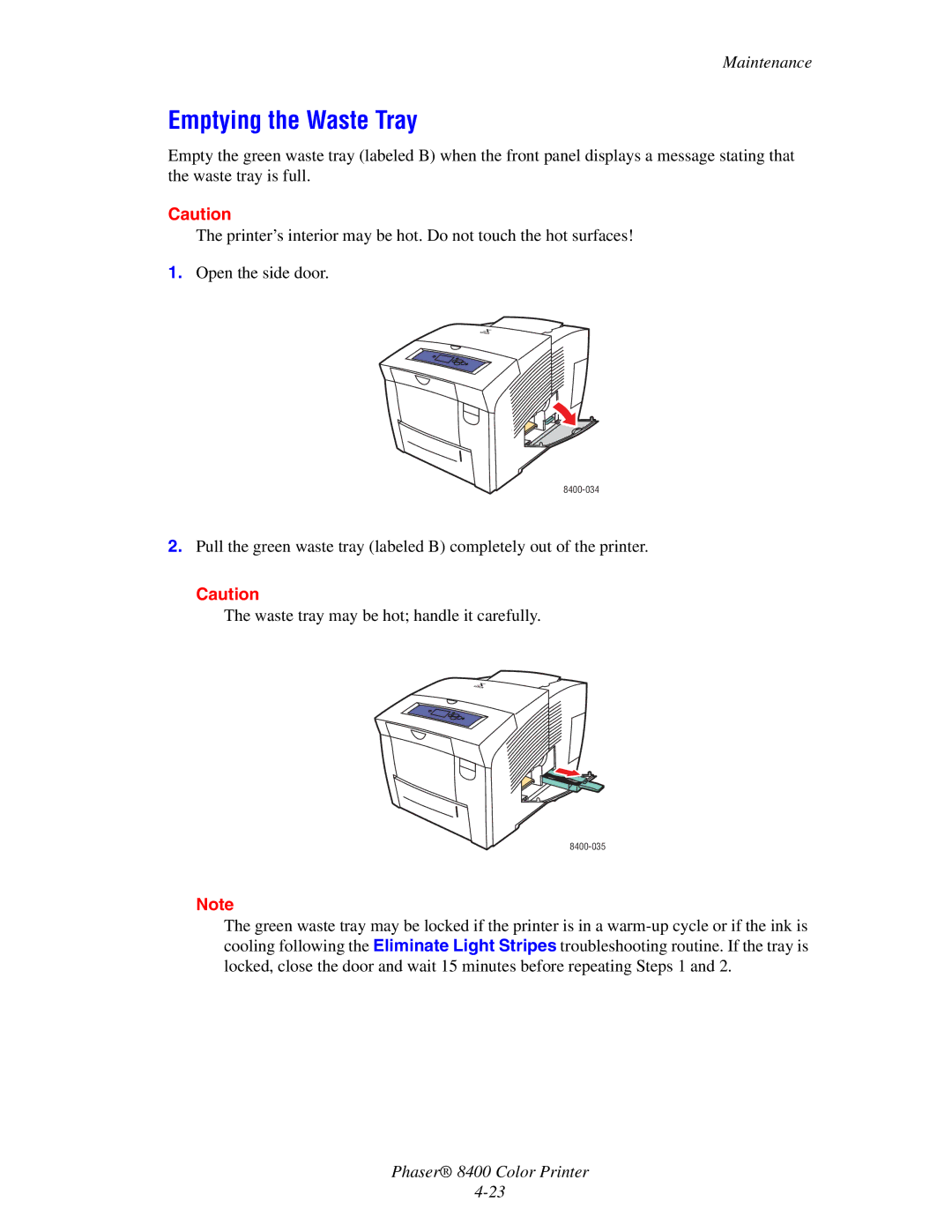 Xerox 8400 manual Emptying the Waste Tray 