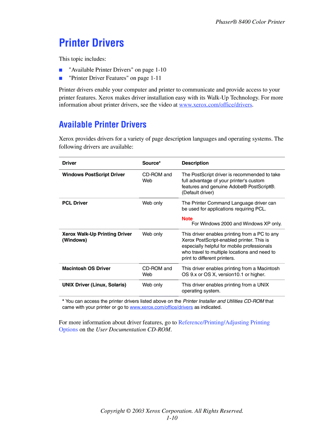 Xerox 8400 manual Available Printer Drivers, Driver Source Description Windows PostScript Driver 