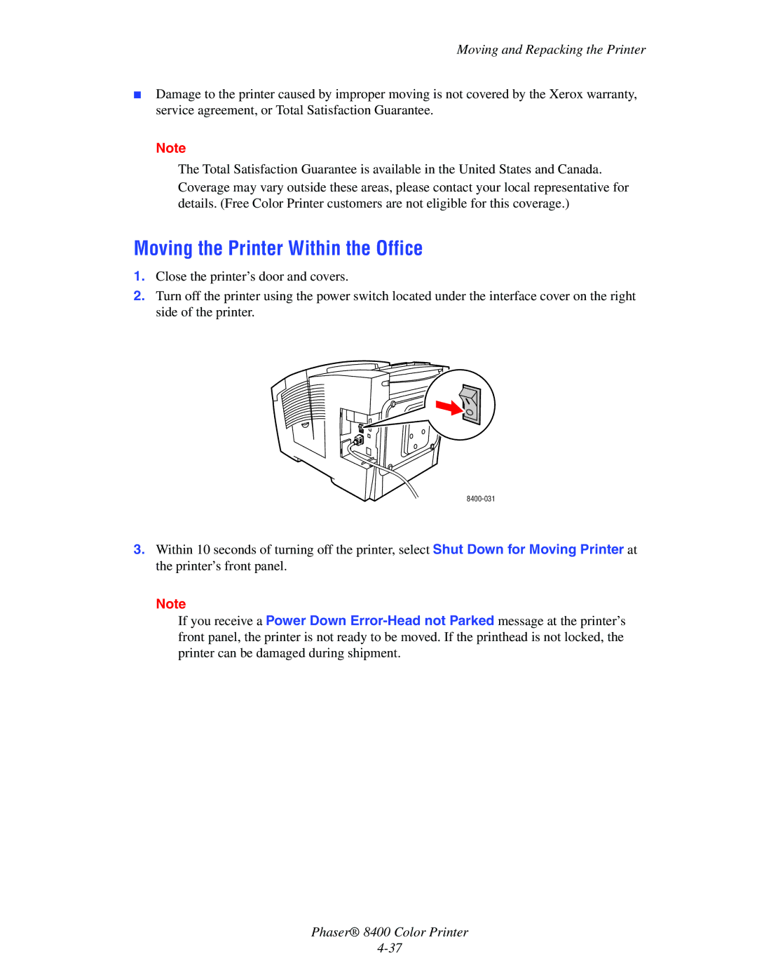 Xerox 8400 manual Moving the Printer Within the Office, Moving and Repacking the Printer 