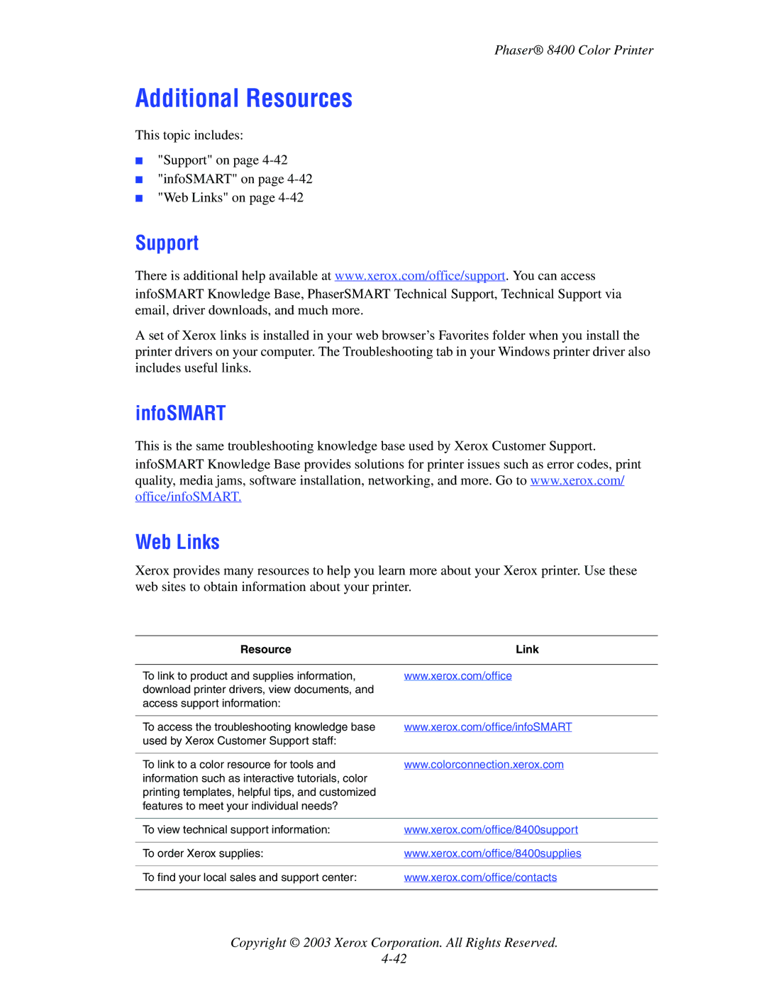 Xerox 8400 manual Additional Resources, Support, InfoSMART Web Links, Resource Link 