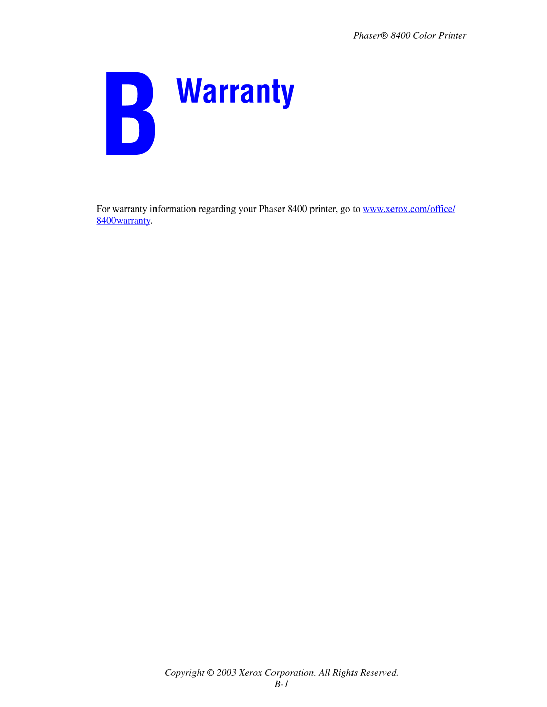 Xerox 8400 manual Warranty 