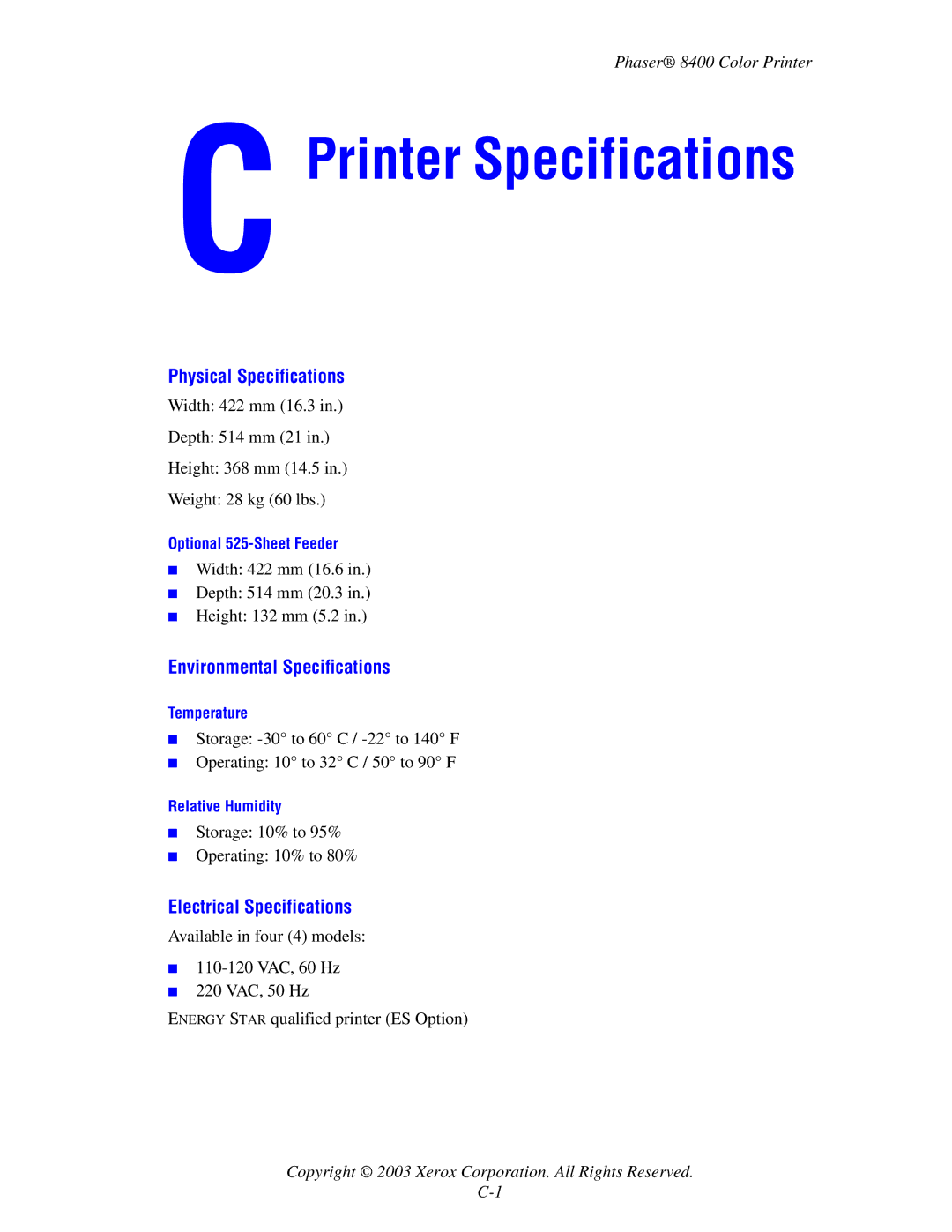 Xerox 8400 manual Physical Specifications, Environmental Specifications, Electrical Specifications 