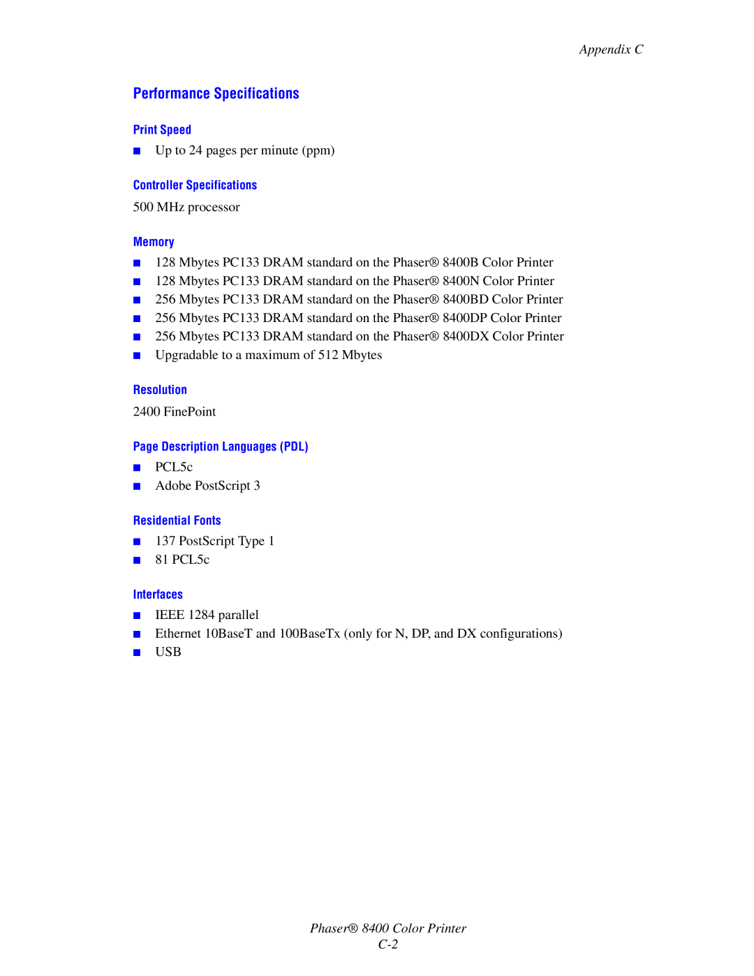 Xerox 8400 manual Performance Specifications, Appendix C 