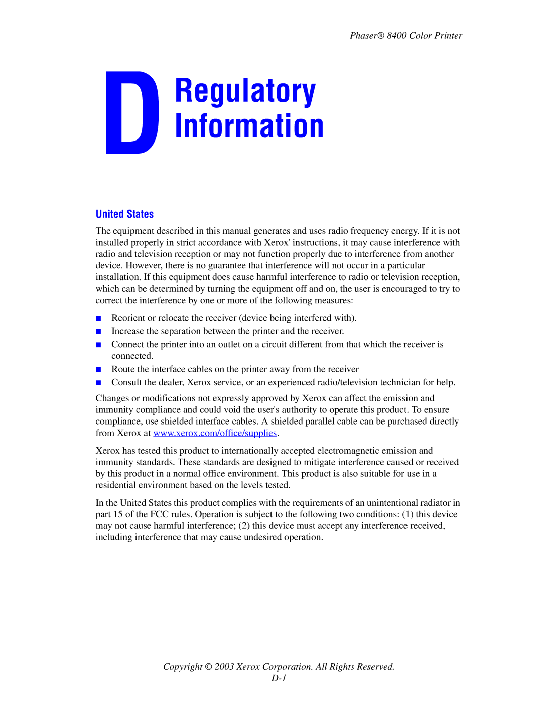 Xerox 8400 manual Regulatory Information, United States 