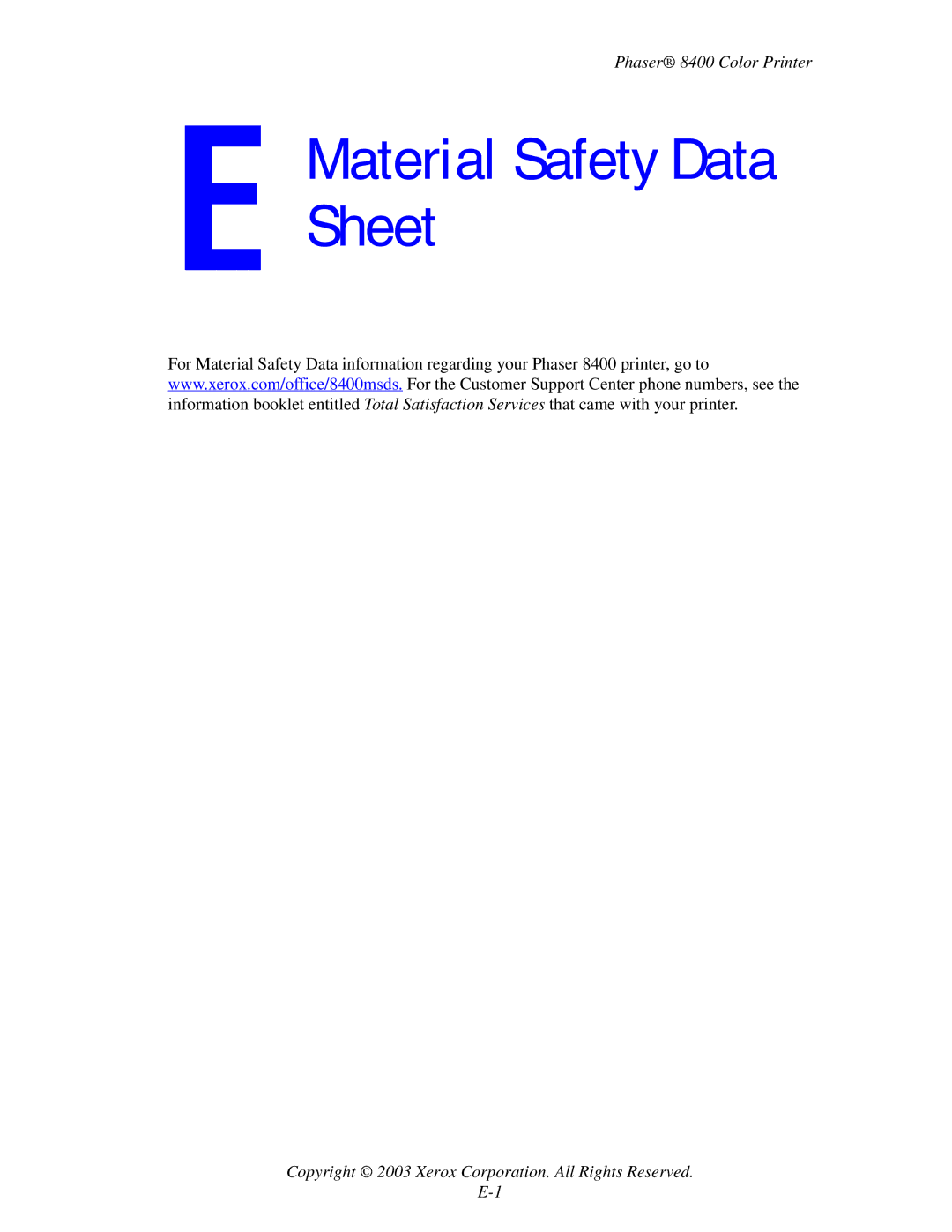 Xerox 8400 manual Material Safety Data Sheet 