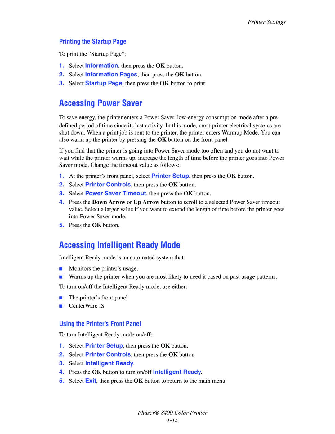 Xerox 8400 manual Accessing Power Saver, Accessing Intelligent Ready Mode, Printing the Startup, Printer Settings 