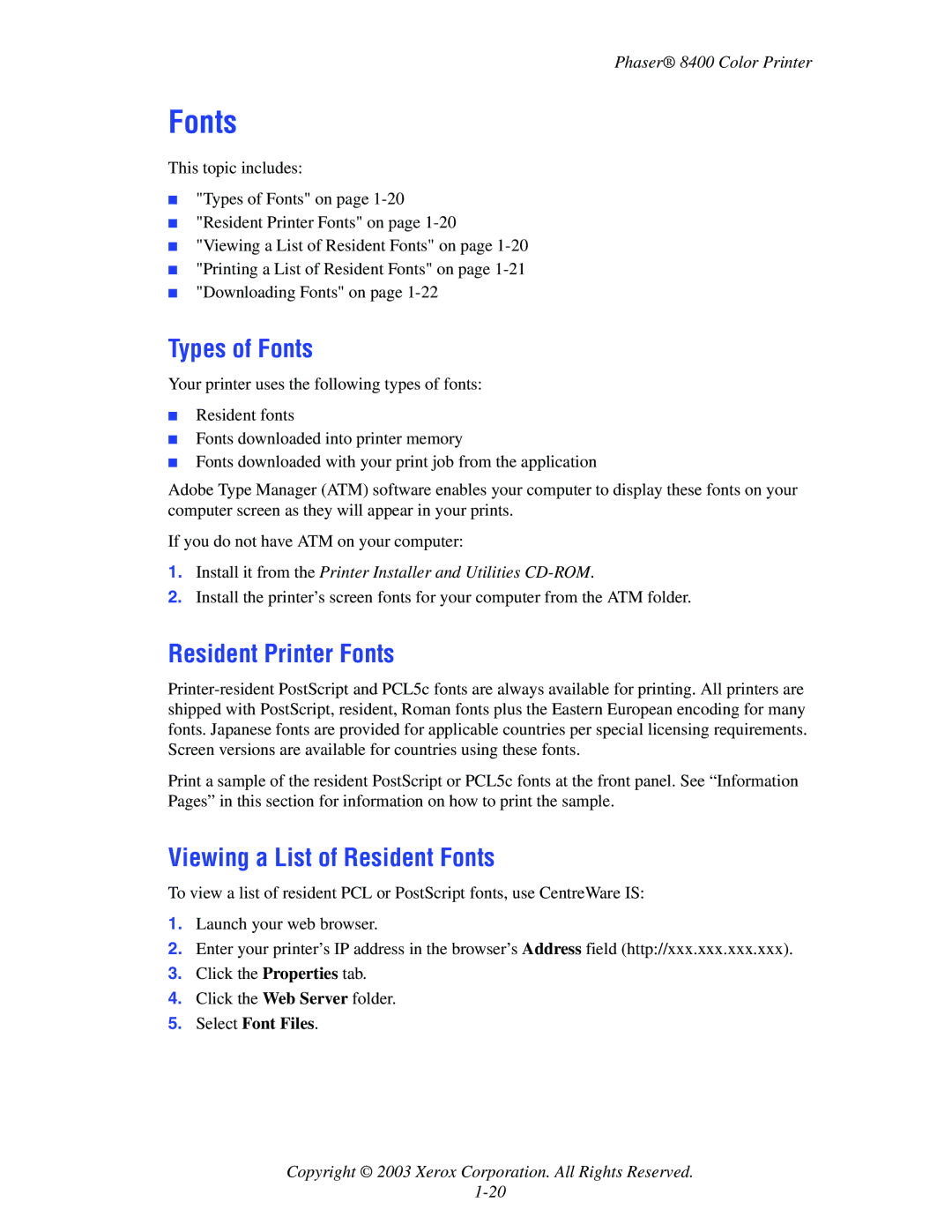 Xerox 8400 manual Types of Fonts, Resident Printer Fonts, Viewing a List of Resident Fonts, Select Font Files 