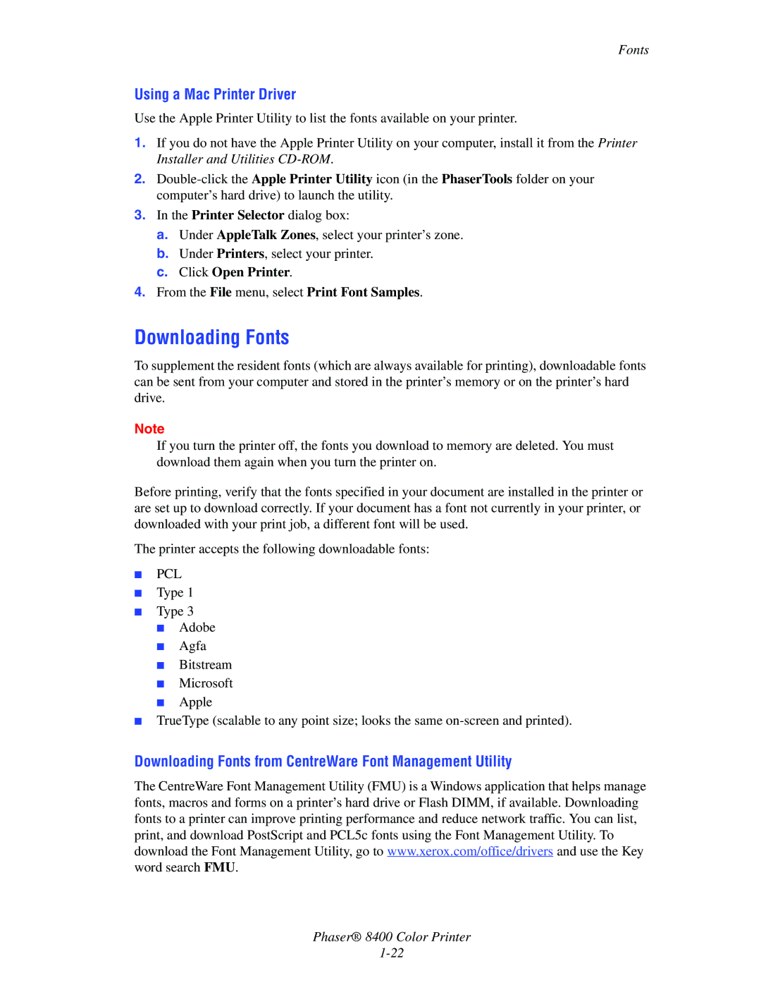 Xerox 8400 Using a Mac Printer Driver, Downloading Fonts from CentreWare Font Management Utility, Click Open Printer 