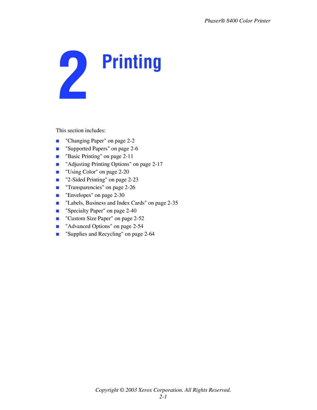 Xerox 8400 manual Printing 