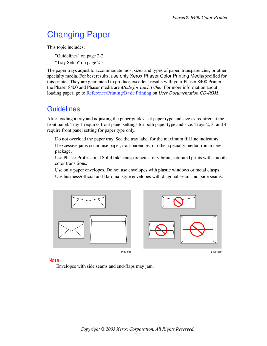 Xerox 8400 manual Changing Paper, Guidelines 