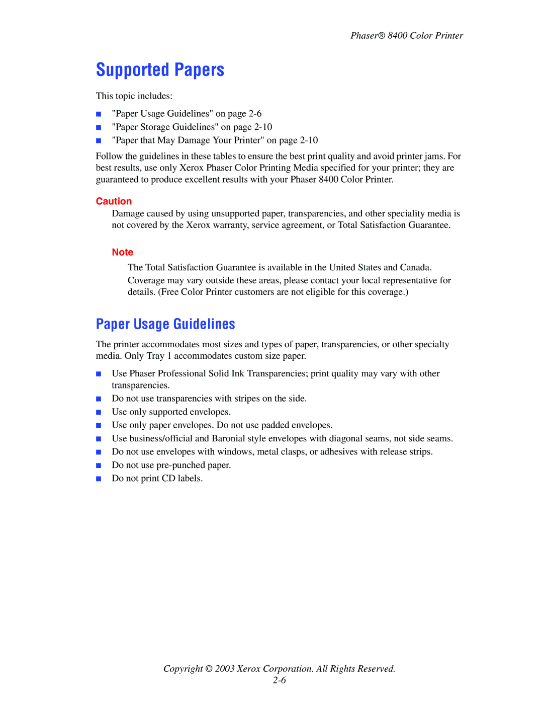 Xerox 8400 manual Supported Papers, Paper Usage Guidelines 