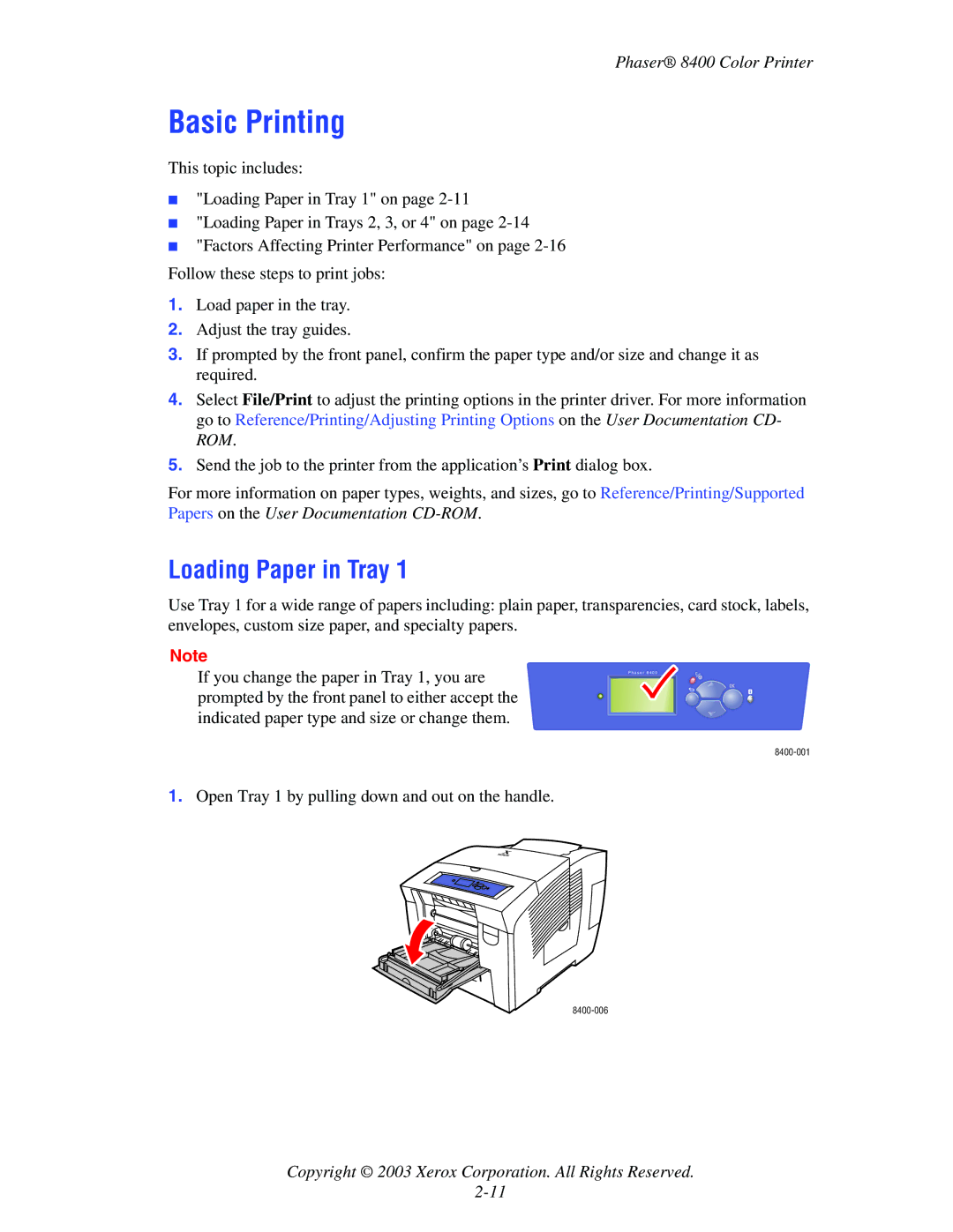 Xerox 8400 manual Basic Printing, Loading Paper in Tray 