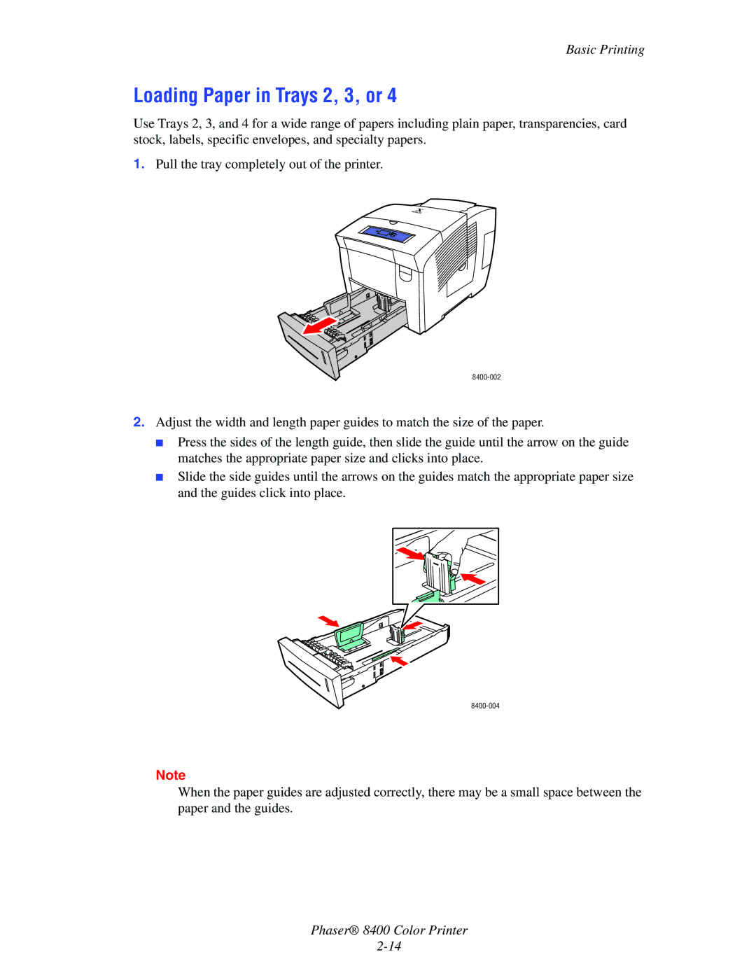 Xerox 8400 manual Loading Paper in Trays 2, 3, or 