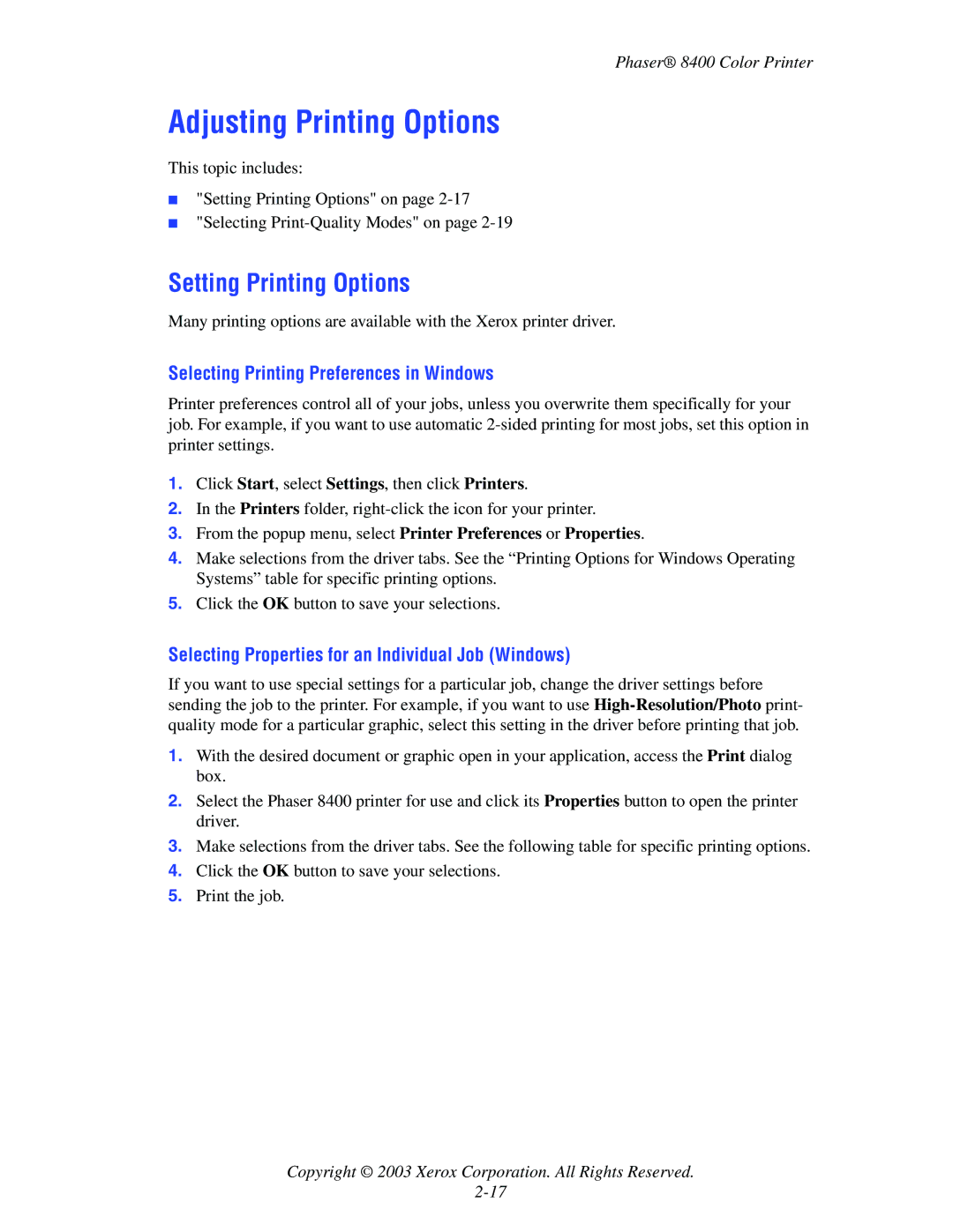 Xerox 8400 manual Adjusting Printing Options, Setting Printing Options, Selecting Printing Preferences in Windows 