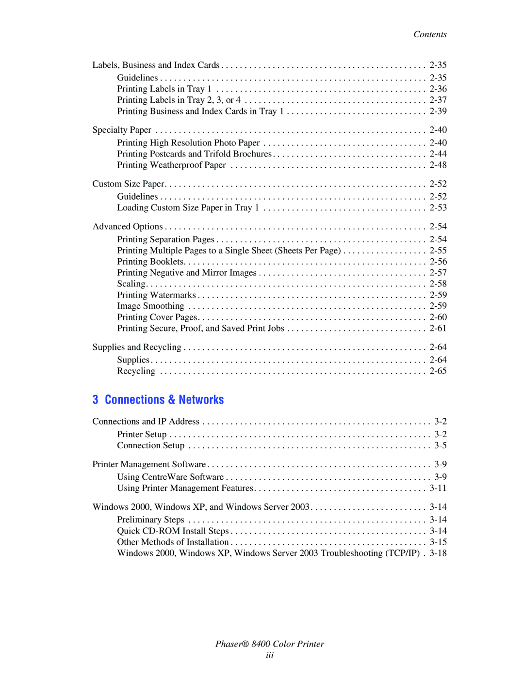 Xerox manual Connections & Networks, Phaser 8400 Color Printer Iii 