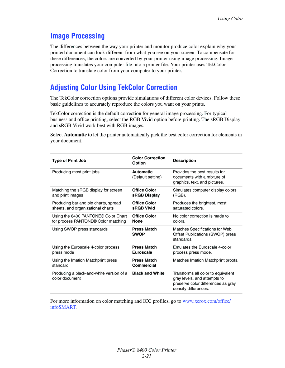 Xerox 8400 manual Image Processing, Adjusting Color Using TekColor Correction, Using Color 