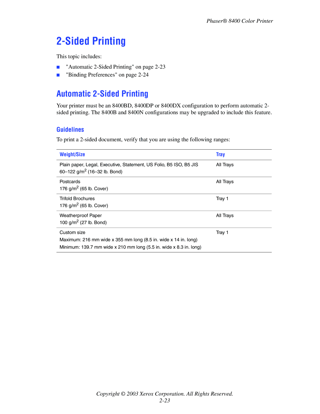 Xerox 8400 manual Automatic 2-Sided Printing, Guidelines 