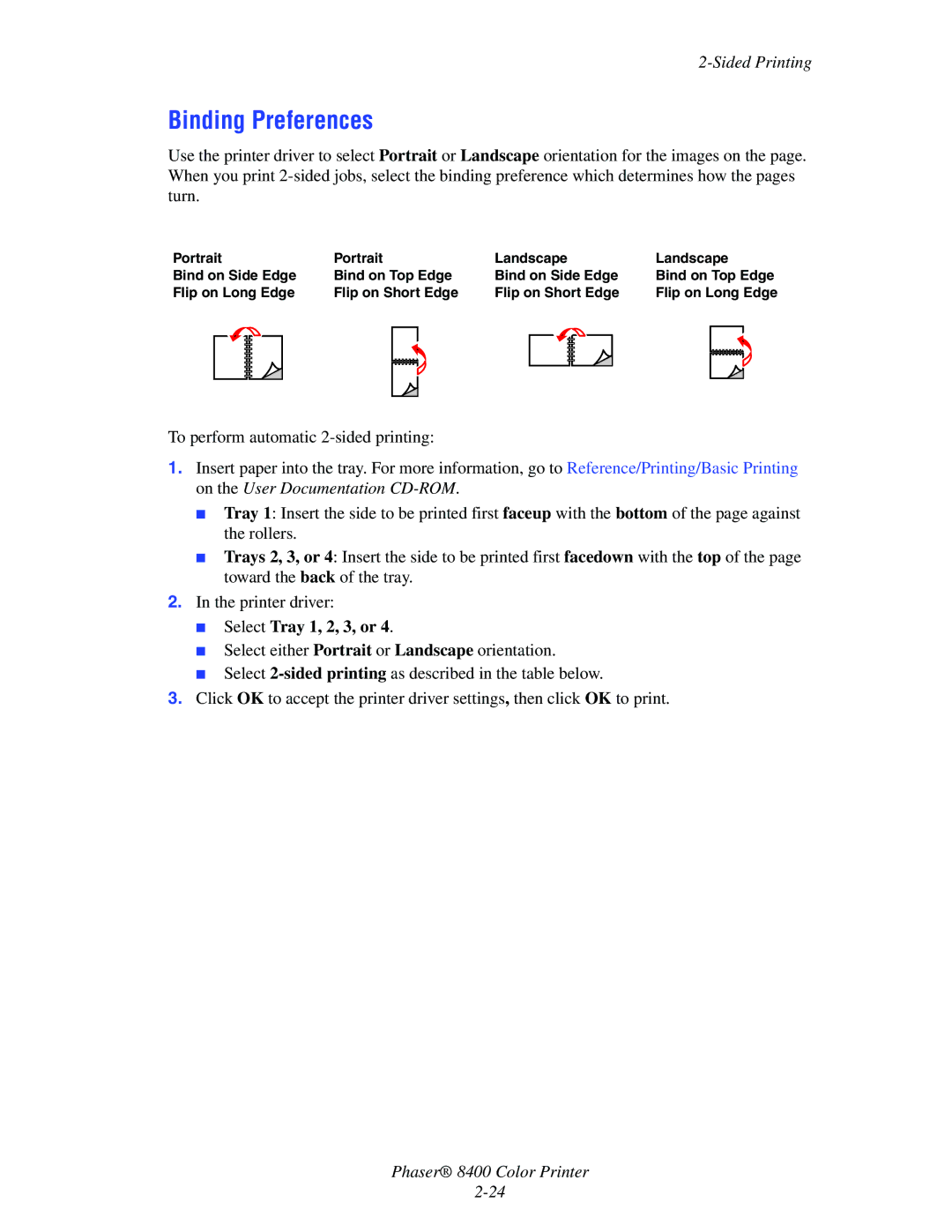 Xerox 8400 manual Binding Preferences, Sided Printing, Select Tray 1, 2, 3, or 