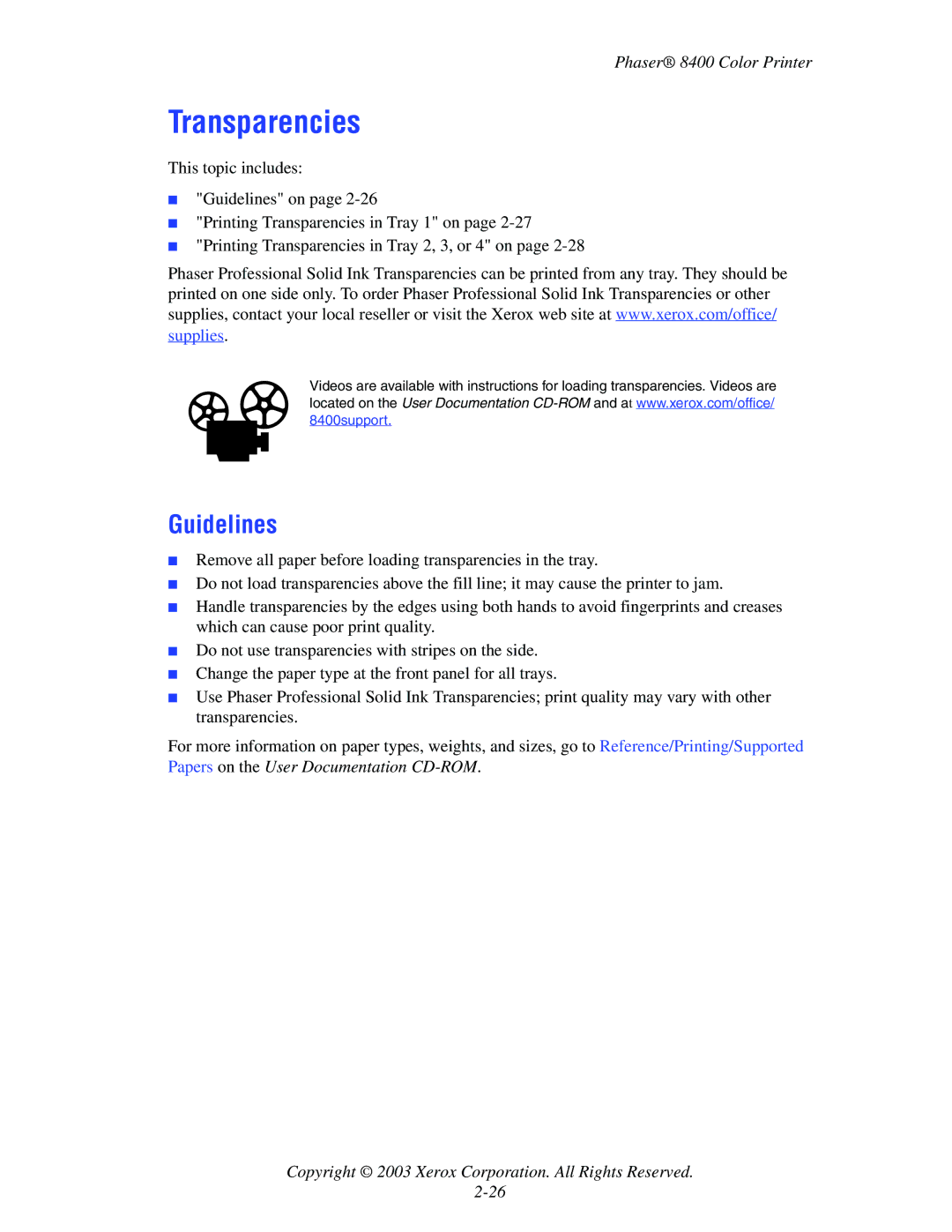 Xerox 8400 manual Transparencies, Guidelines 