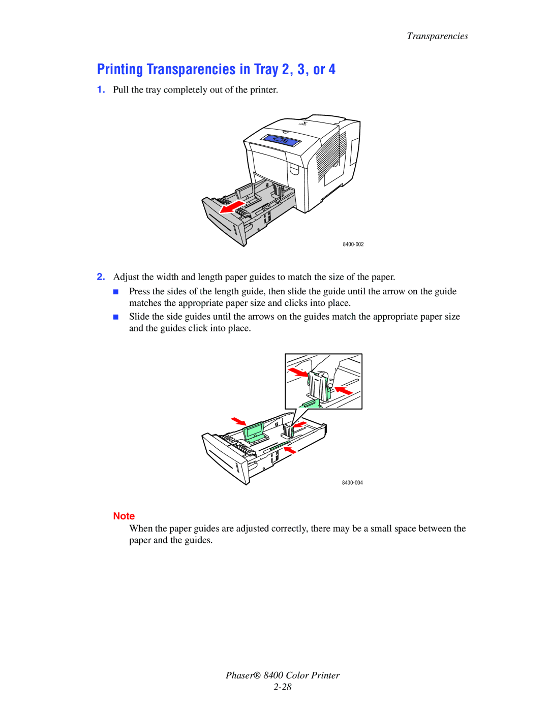 Xerox 8400 manual Printing Transparencies in Tray 2, 3, or 