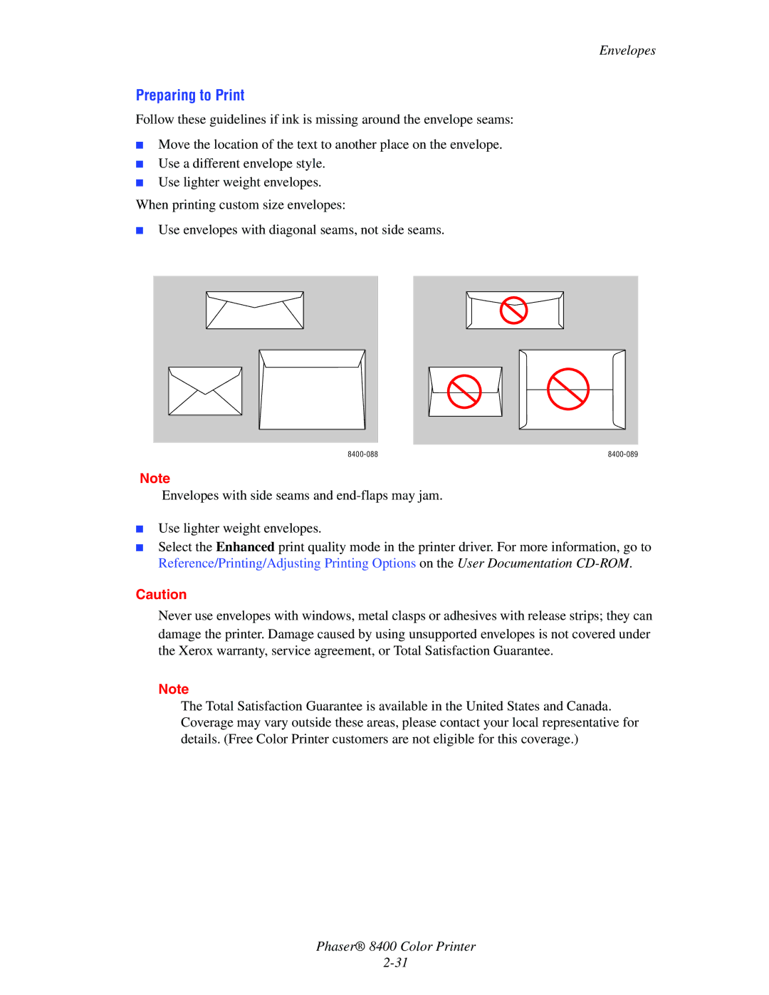 Xerox 8400 manual Preparing to Print, Envelopes 