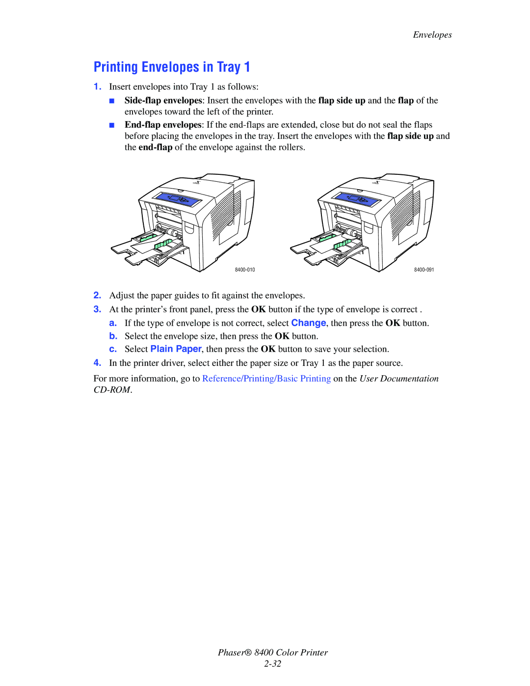 Xerox 8400 manual Printing Envelopes in Tray 