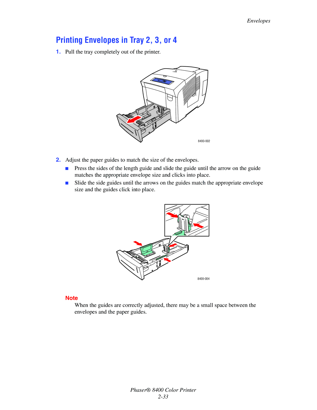 Xerox 8400 manual Printing Envelopes in Tray 2, 3, or 