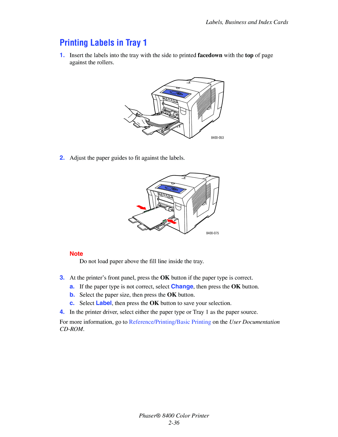 Xerox 8400 manual Printing Labels in Tray, Labels, Business and Index Cards 