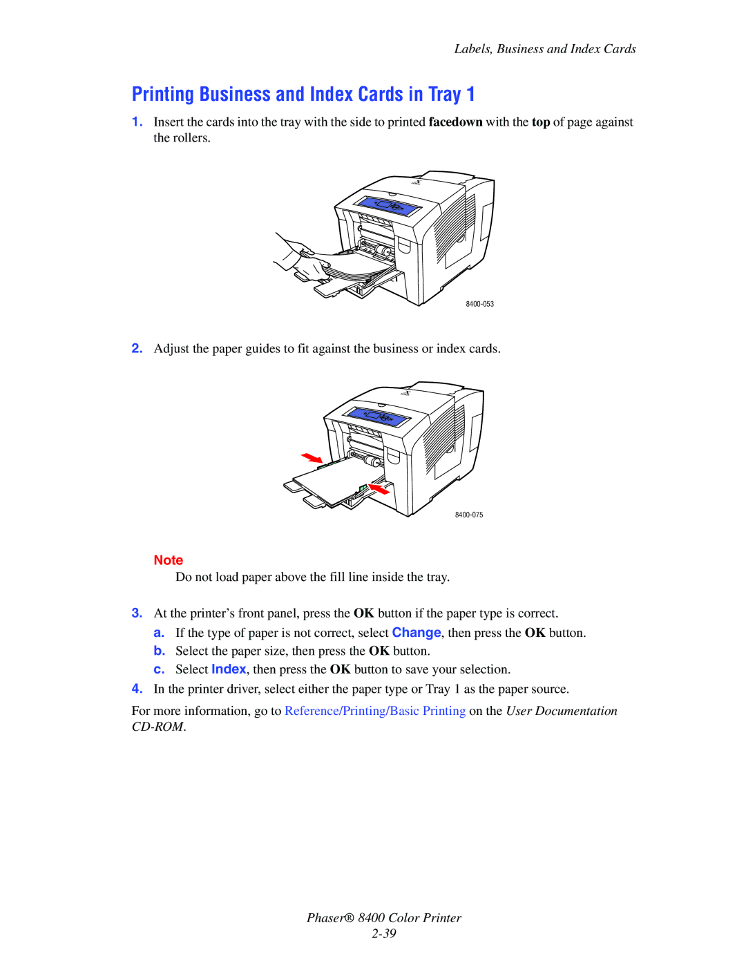 Xerox 8400 manual Printing Business and Index Cards in Tray 