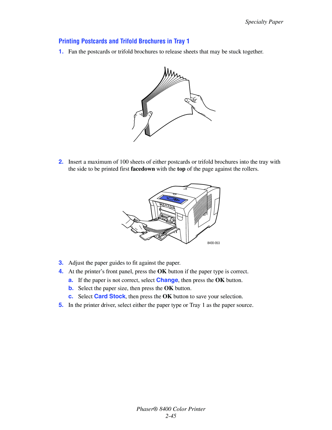 Xerox 8400 manual Printing Postcards and Trifold Brochures in Tray 