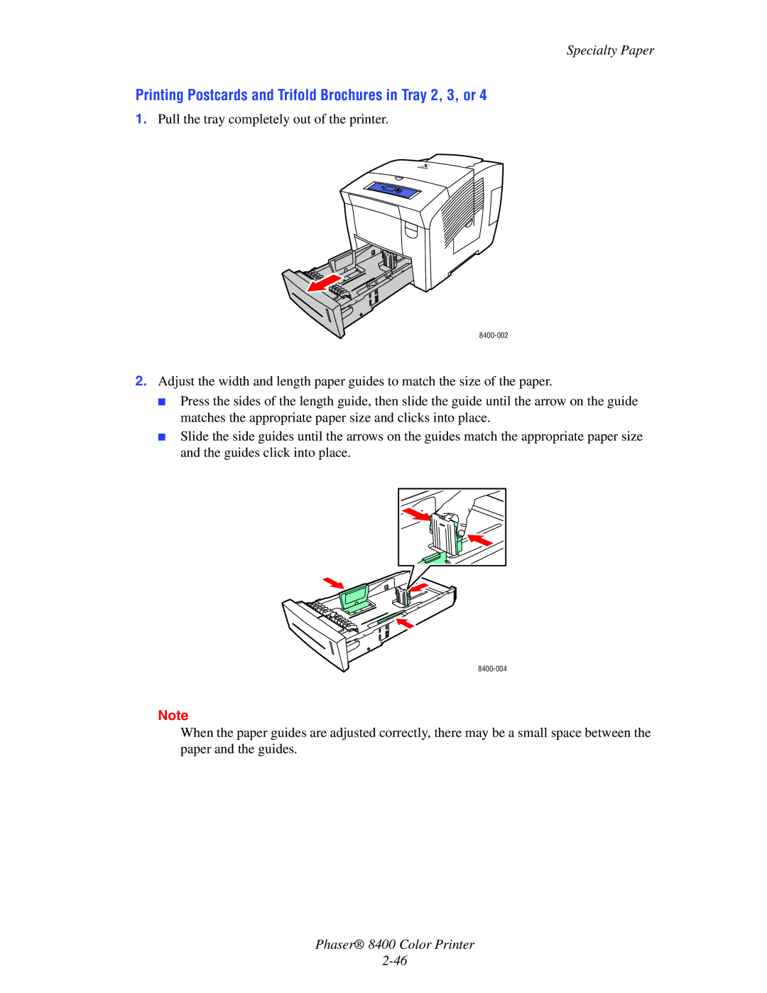 Xerox 8400 manual Printing Postcards and Trifold Brochures in Tray 2, 3, or 