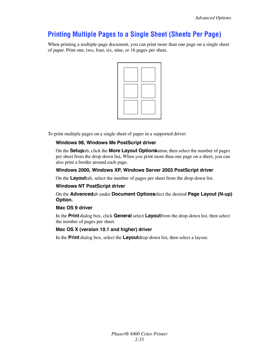 Xerox 8400 manual Printing Multiple Pages to a Single Sheet Sheets Per, Advanced Options 