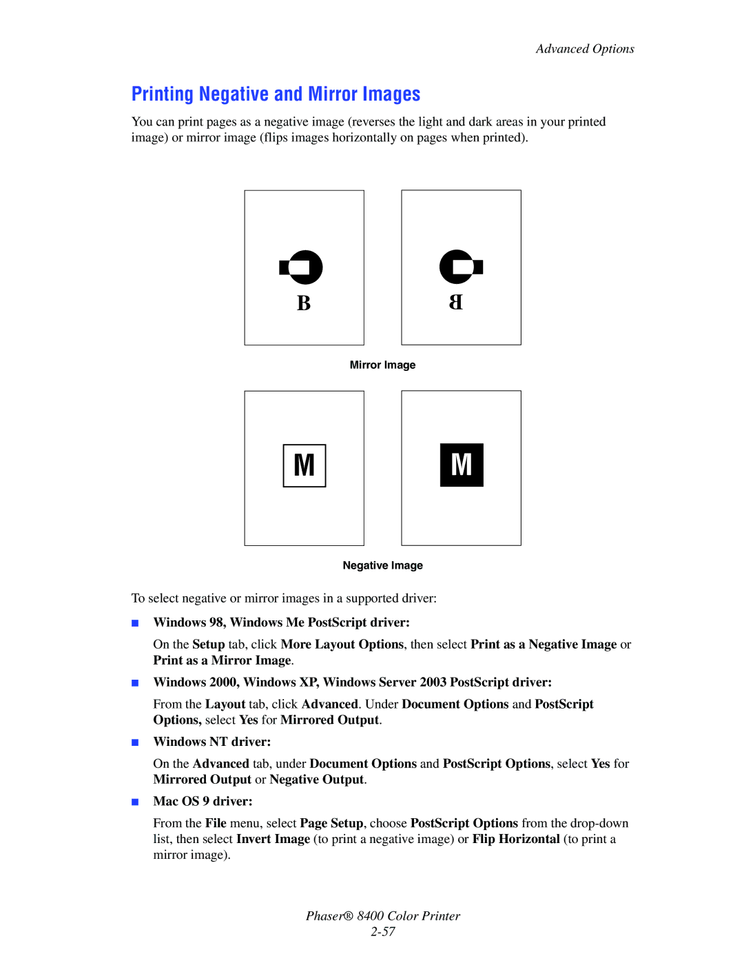 Xerox 8400 manual Printing Negative and Mirror Images, Mirror Image Negative Image 