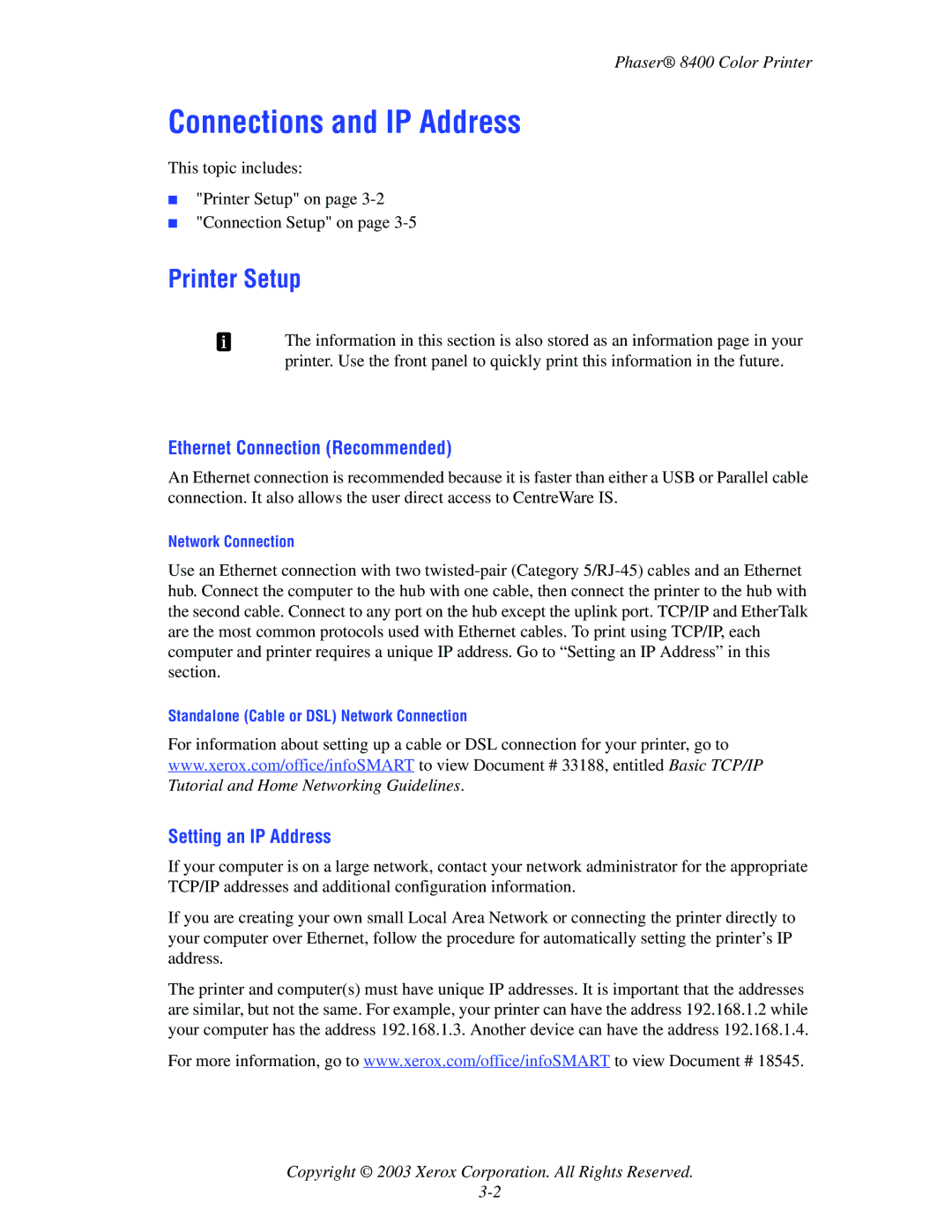 Xerox 8400 manual Connections and IP Address, Printer Setup, Ethernet Connection Recommended, Setting an IP Address 