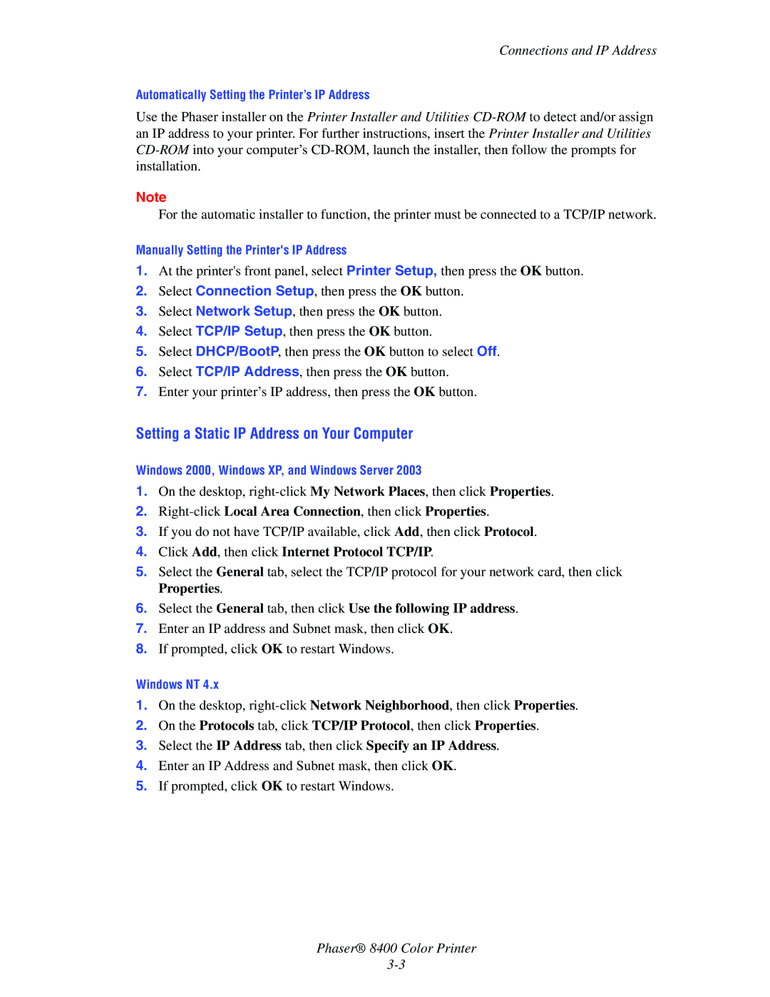 Xerox 8400 manual Setting a Static IP Address on Your Computer, Connections and IP Address 