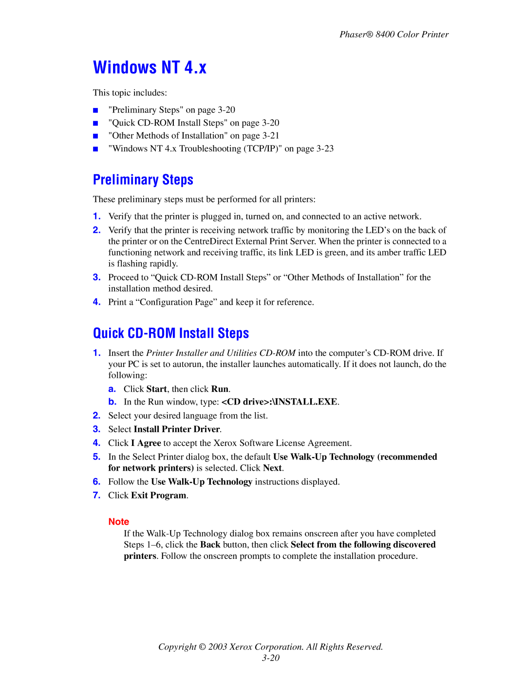 Xerox 8400 manual Preliminary Steps, Quick CD-ROM Install Steps, Select Install Printer Driver, Click Exit Program 