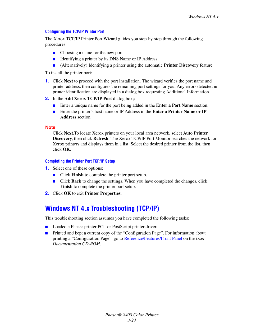 Xerox 8400 Windows NT 4.x Troubleshooting TCP/IP, Add Xerox TCP/IP Port dialog box, Click OK to exit Printer Properties 