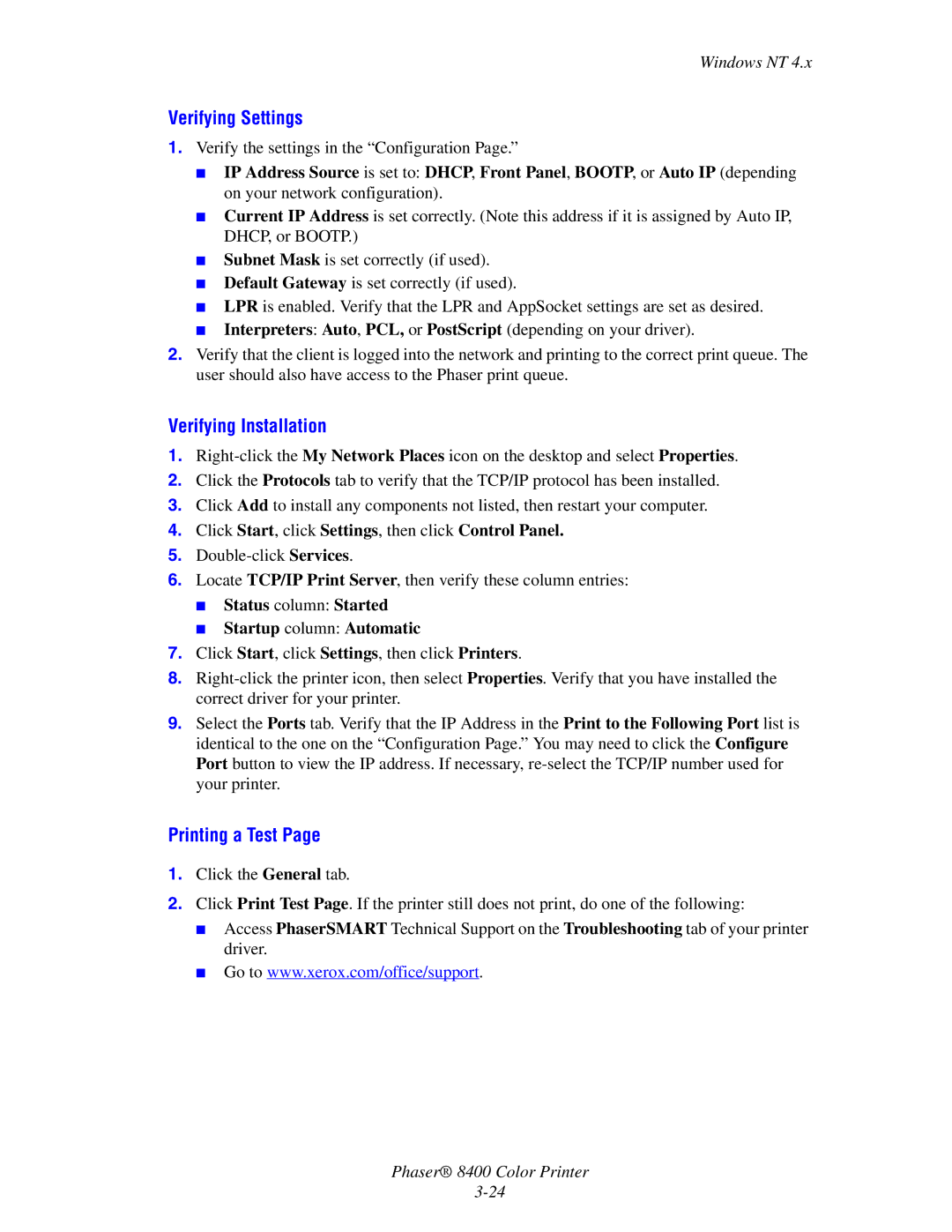 Xerox 8400 Verifying Settings, Verifying Installation, Printing a Test, Status column Started Startup column Automatic 