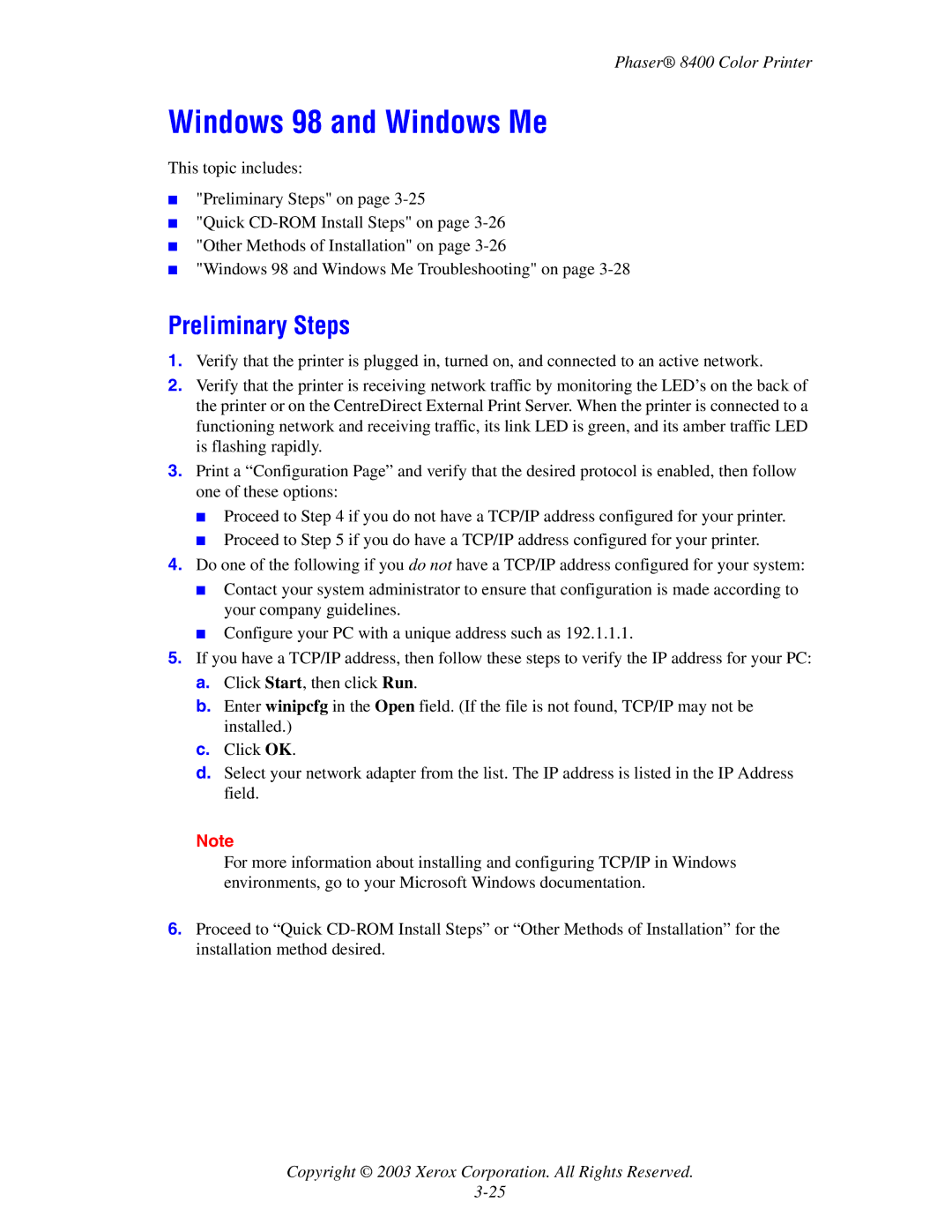 Xerox 8400 manual Windows 98 and Windows Me, Preliminary Steps 