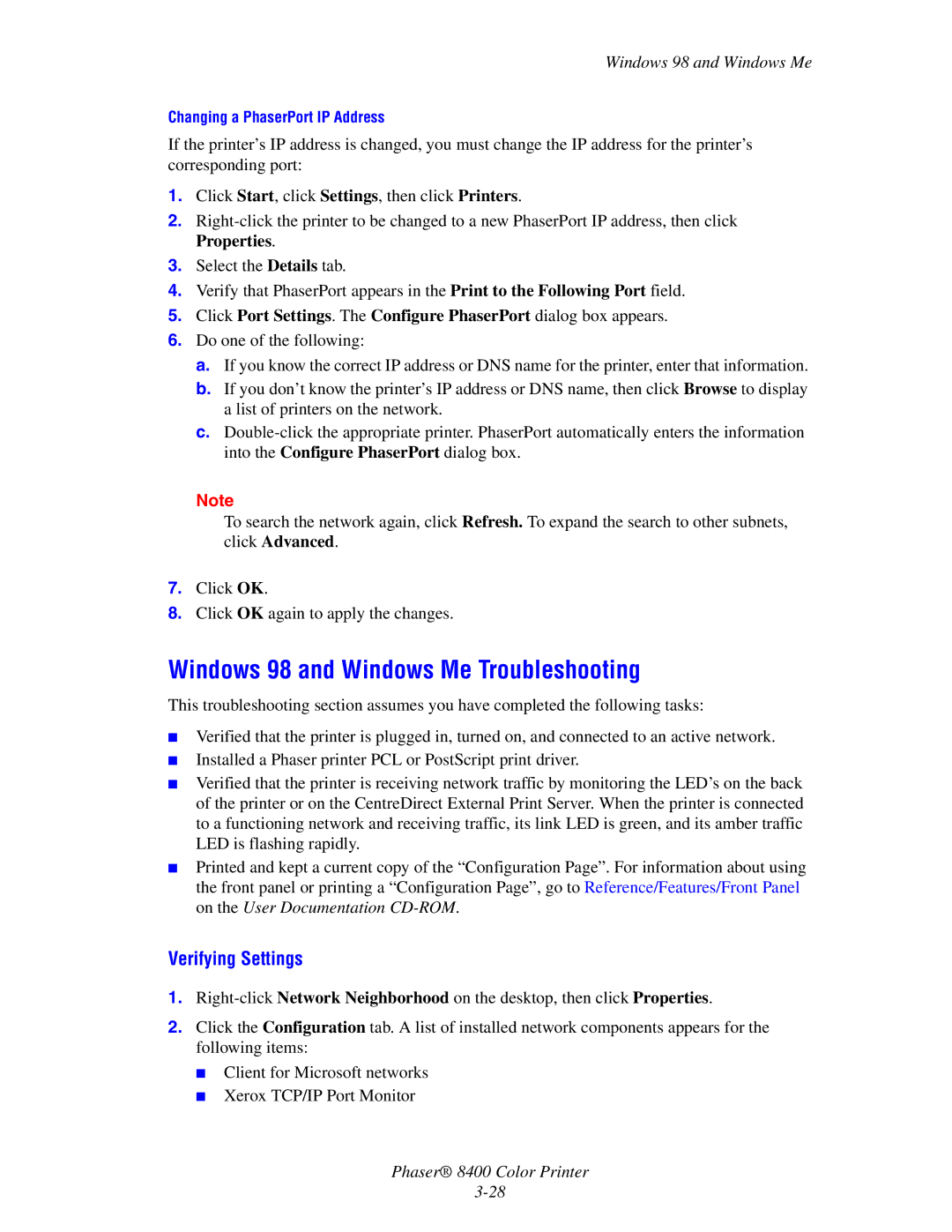 Xerox 8400 manual Windows 98 and Windows Me Troubleshooting, Verifying Settings 