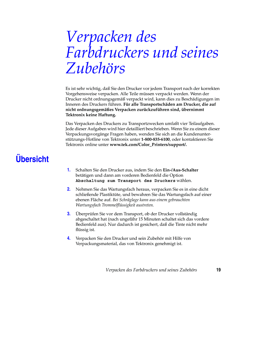 Xerox 850 manual Verpacken des Farbdruckers und seines Zubehörs, Übersicht 