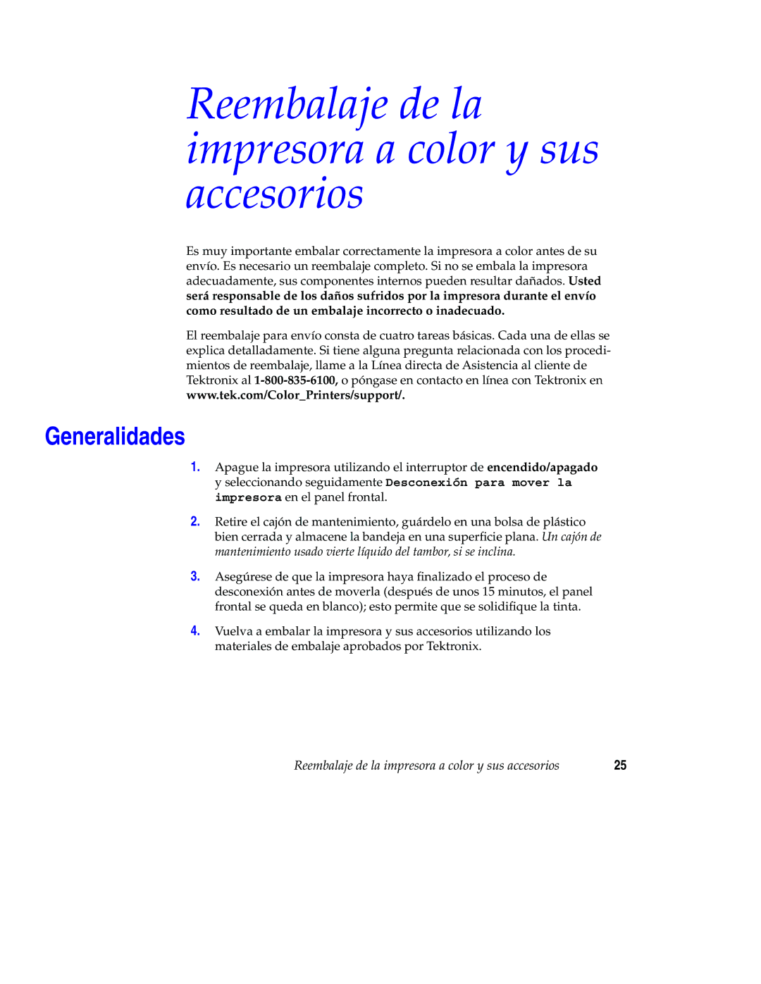 Xerox 850 manual Reembalaje de la impresora a color y sus accesorios, Generalidades 