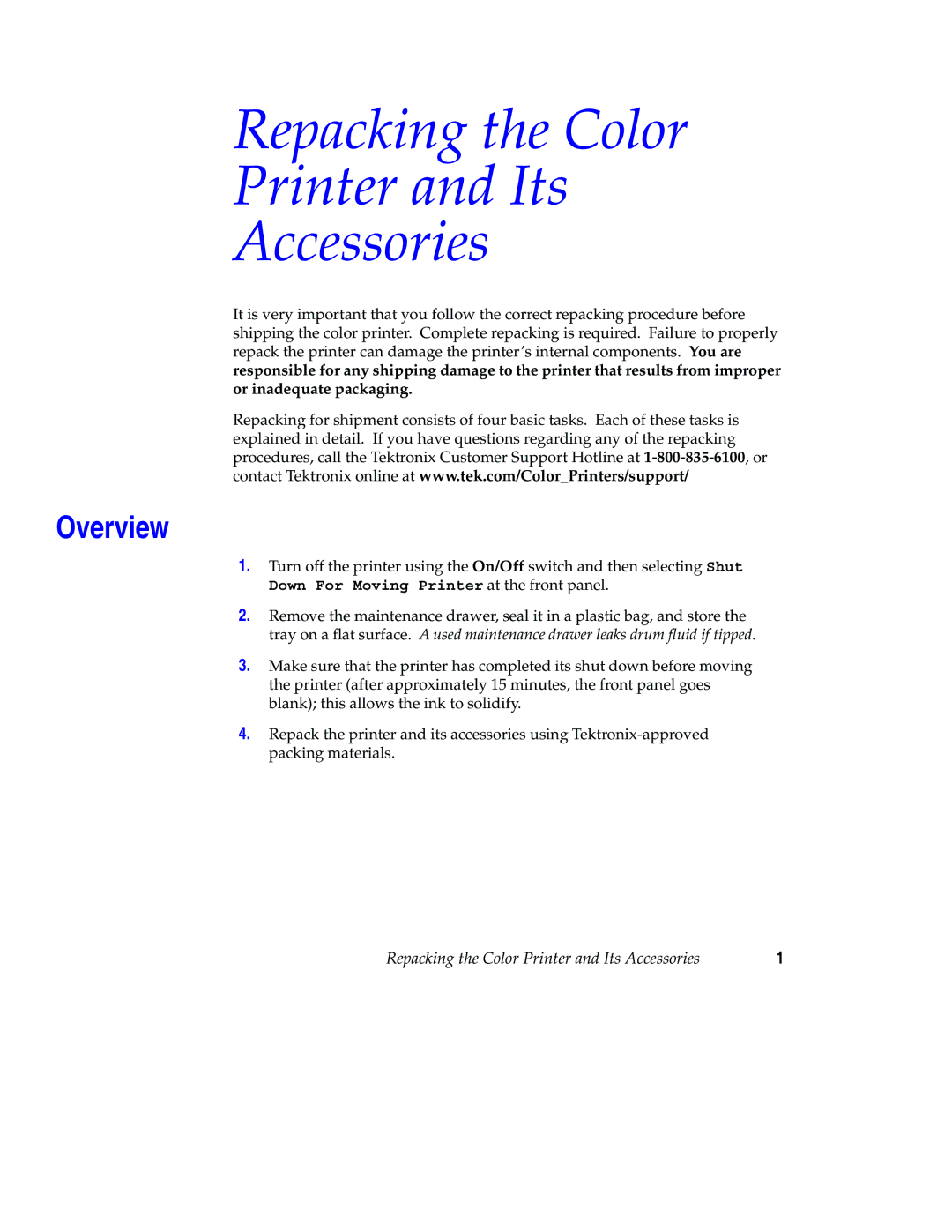 Xerox 850 manual Repacking the Color Printer and Its Accessories, Overview 