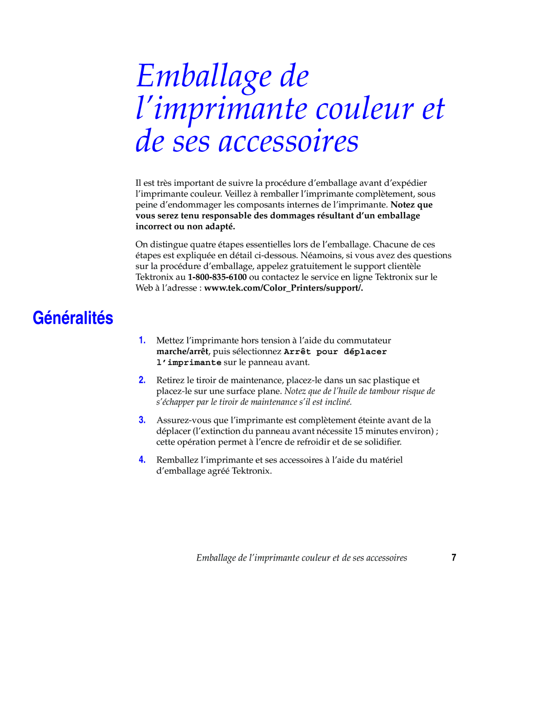 Xerox 850 manual Emballage de l’imprimante couleur et de ses accessoires, Généralités 