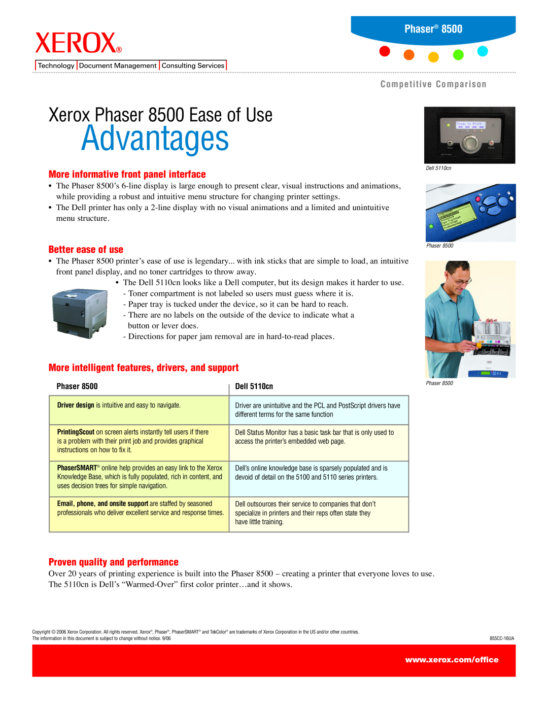 Xerox manual Xerox Phaser 8500 Ease of Use, Advantages, More informative front panel interface, Better ease of use 
