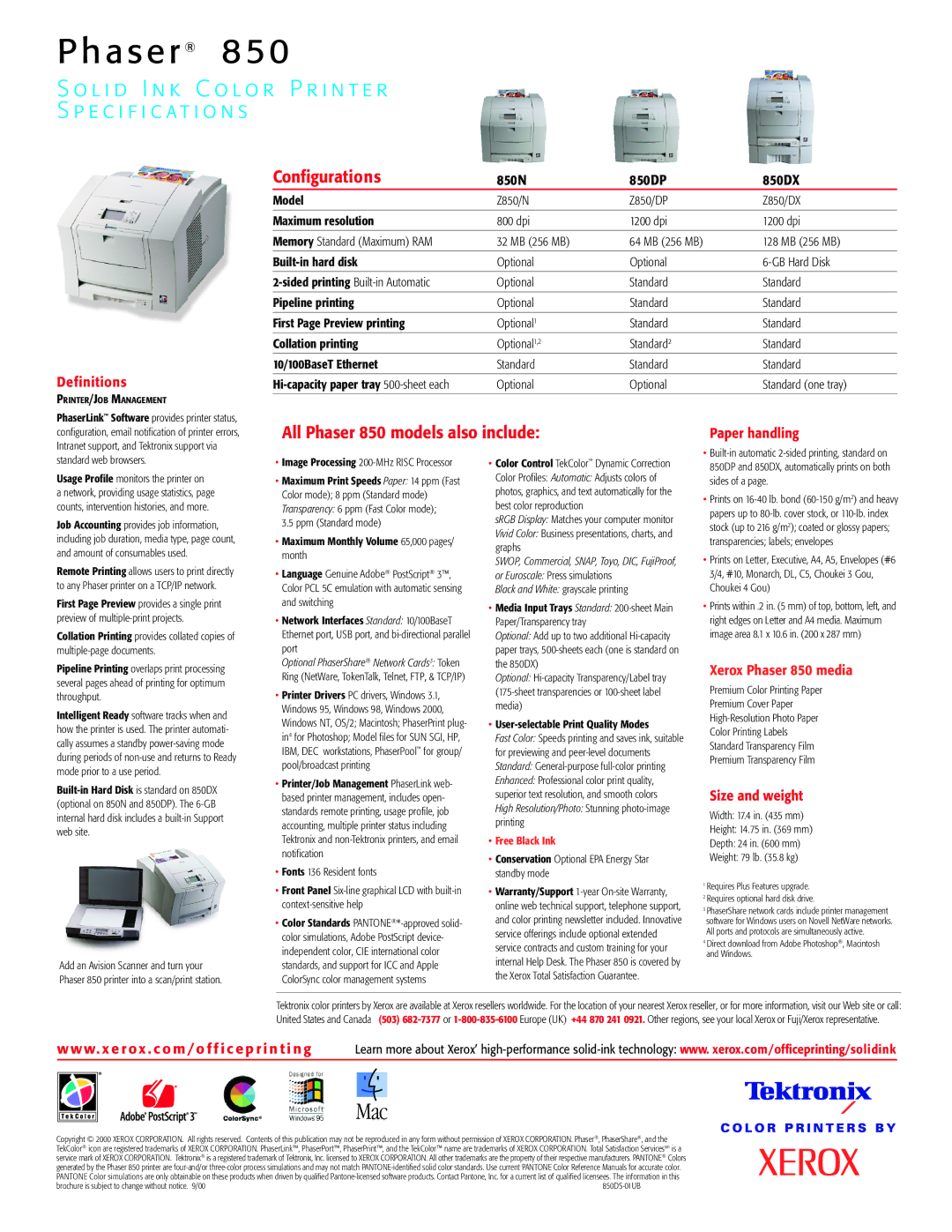 Xerox 850DX warranty Definitions, Paper handling, Size and weight, W. x e r o x . c o m / o f f i c e p r i n t i n g 