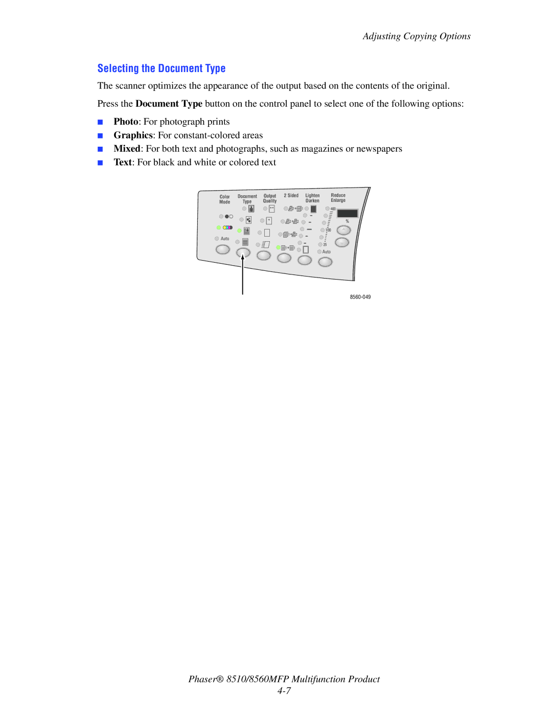 Xerox 8510 manual Selecting the Document Type 